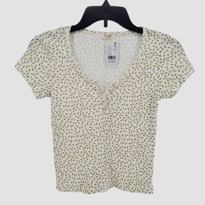 John Galt PacSun One Size Floral Henley Short Sleeve Top White Yellow Crop New